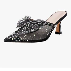 Black Rhinestone Embellished Bow Kitten Heels